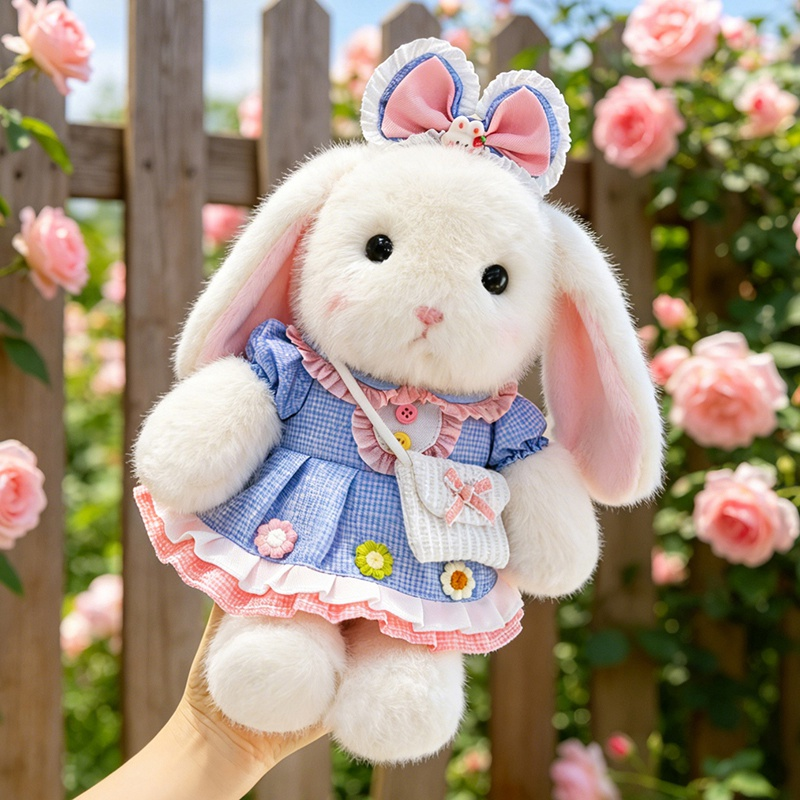 Cute white bunny plush toy wearing a blue dress with bow decoration