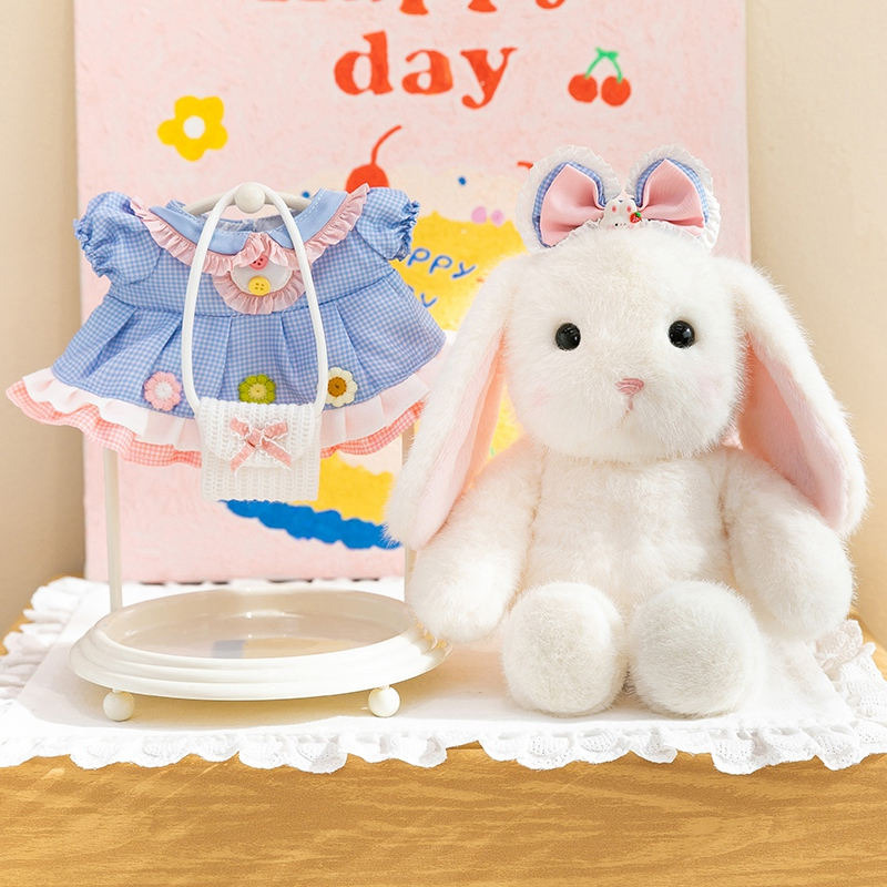 White bunny stuffed animal with removable blue dress outfit for custom plush toy design